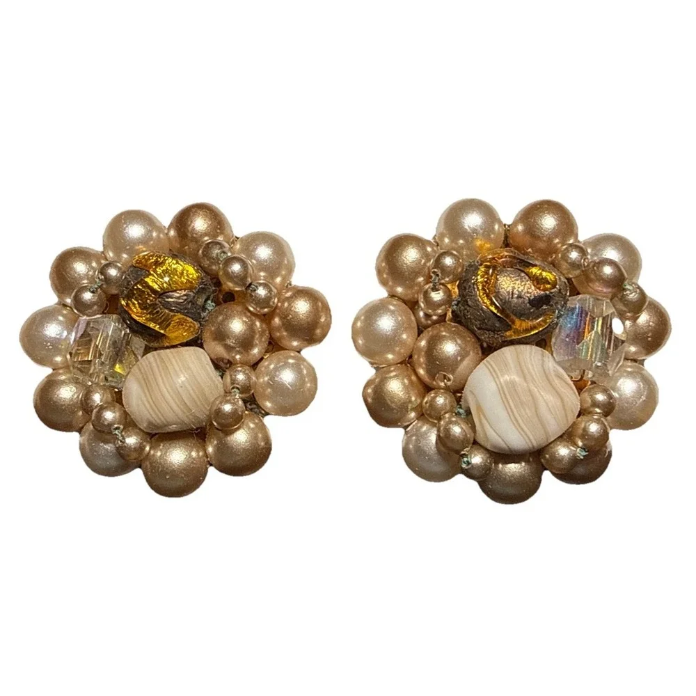 Vintage Clip On Faux Pearl AB Bead and Stone Cluster Earrings J15-18